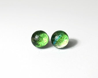 Green dichroic glass stud earrings fused glass jewelry gifts for mom minimalist round studs hypoallergenic