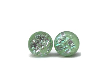 Green dichroic glass earrings, fused glass jewelry, round earrings, unique gifts for her