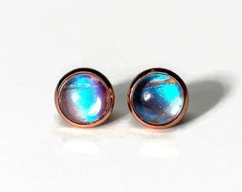 Blue iridescent earrings real butterfly wing jewelry Blue Morpho aurora rose gold glass stud earrings best friend gifts