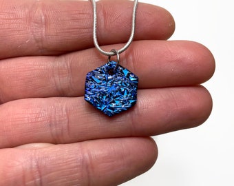 Iridescent blue hexagon pendant, fused dichroic glass jewelry, gifts for her, geometric pendant, chain included, unique presents