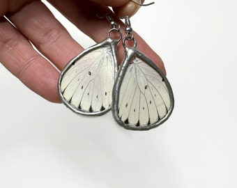 White butterfly dangle earrings real butterfly wing jewelry, gifts for her, Stained glass wing, hypoallergenic