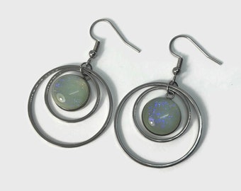 Green dichroic glass earrings fused glass jewelry, dangle earrings, hypoallergenic