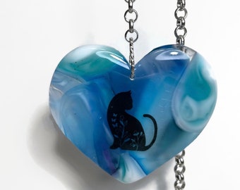 Unique Fused Glass Heart Sun Catcher, Special Keepsake for Mom, Animal lover Inspired Ornament, Cat Window Hanging