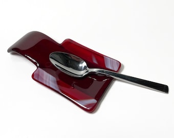 Spoon rest fused glass red and clear, glass dish, gifts for her, kitchen decor, spoon holder, glass home decor