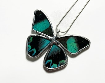 Teal Butterfly necklace real butterfly wing jewelry, unique best friend gifts, recycled glass pendant, chain included