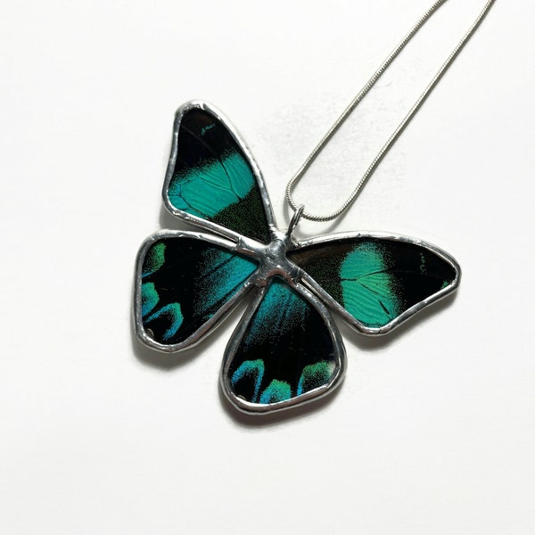 Teal Butterfly necklace real butterfly wing jewelry, unique best friend gifts, recycled glass pendant, chain included