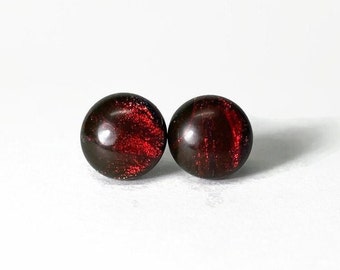 Handcrafted Reflective Red Stud Earrings, Dichroic Fused Glass Jewelry For Mom, Round Dainty Minimalist Studs, Gifts for Her
