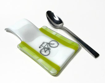 Vibrant Green Bike Spoon Rest, Handcrafted Fused Glass Utensil Holder, Kitchen Decor for her