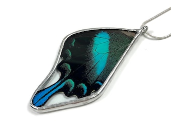 Iridescent teal butterfly pendant, Real butterfly wing jewelry, glass necklace, gifts for her, Chain included, unique presents