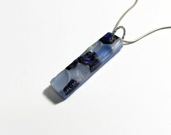 Fused glass iridescent pendant, black, purple and white, glass necklace, dichroic glass jewelry, necklace included