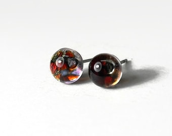 Tiny red and gold stud earrings, fused dichroic glass jewelry, minimalist round studs, earrings for her