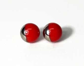 Red silver round earrings fused glass jewelry best friend gifts minimalist geometric studs unique presents hypoallergenic
