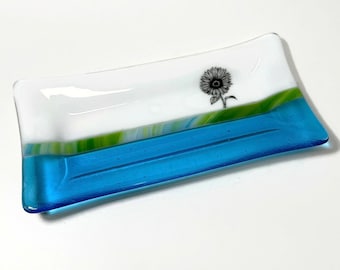 Blue fused glass plate sunflower serving dish gifts for her sunflower home decor spoon rest housewarming presents