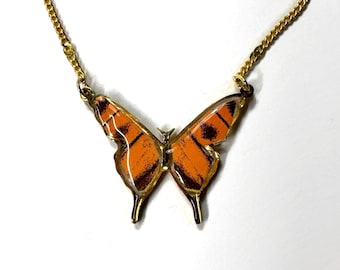 Orange butterfly gold necklace, real butterfly wing jewelry, unique gifts for her, resin pendant, dainty necklace