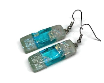 Blue and green dichroic glass earrings fused glass jewelry gifts for her iridescent dangle earrings hypoallergenic