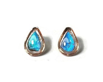 Blue iridescent resin earrings, rose gold teardrop studs, real butterfly wing jewelry, morpho rhetenor, gifts for her, hypoallergenic