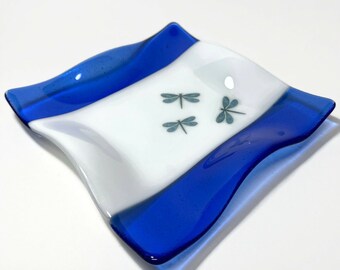 Dragonfly plate, trinket tray, fused glass blue serving dish, dragonfly home decor, unique gifts for her, housewarming presents