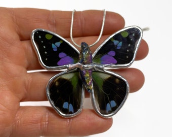 Purple and black butterfly glass necklace Real butterfly wing jewelry Gifts for her crystal necklace Chain included