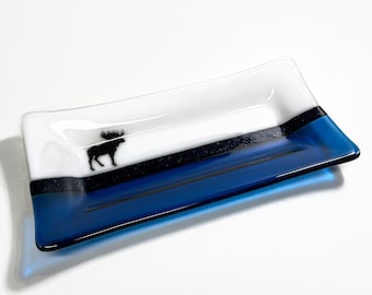 Fused Glass plate, Moose plate, blue and white dish, glass dish, moose home decor, moose serving dish