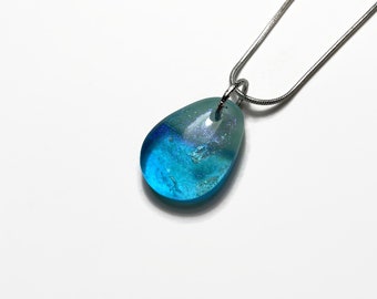 Reflective blue dichroic glass pendant fused jewelry unique gifts for her, handmade teardrop necklace, chain included