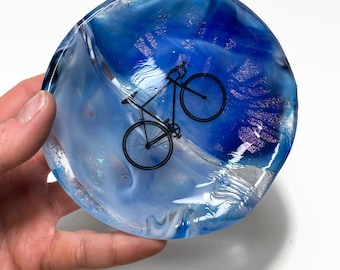 Blue Fused Glass Bike Spoon Rest - Bicycle Spoon Holder for Home Decor - Road Bike Dish