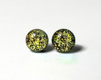 Metallic gold dichroic earrings, minimalist round studs, fused glass jewelry, best friend gifts, hypoallergenic, 10mm