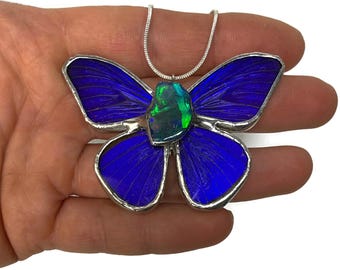 Butterfly Opal Pendant, Real Wing Jewelry, Nature Inspired Gifts for Her, Stained Glass Necklace