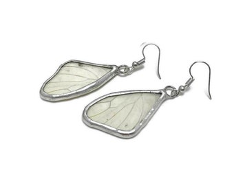 White wing earrings, real butterfly jewelry, gifts for mom, recycled stained glass dangle earrings