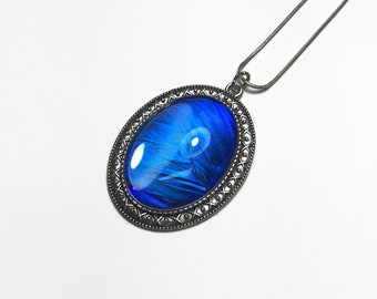 Blue morpho wing pendant, real Rhetenor butterfly, iridecent oval necklace, gifts for mom, recycled glass pendant