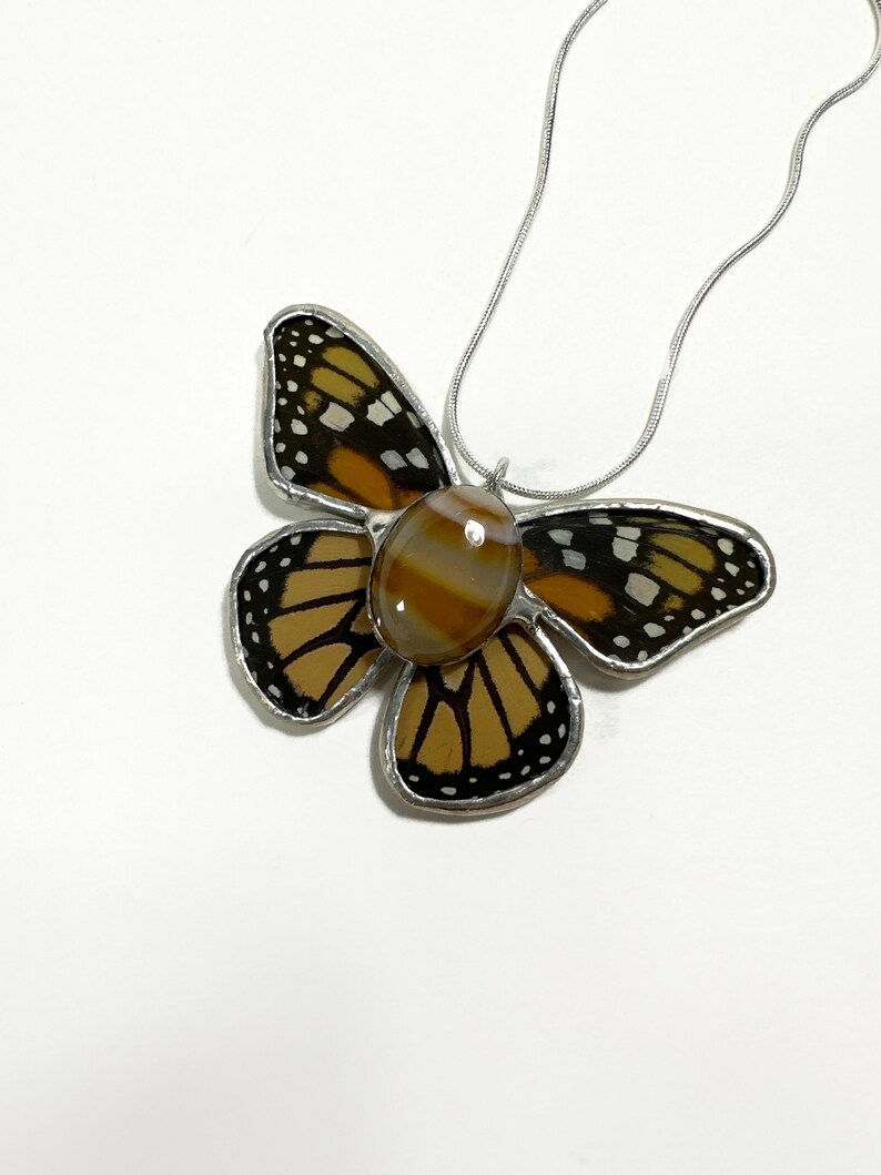 Monarch Butterfly Pendant, Orange and Black Necklace, Glass Pendant