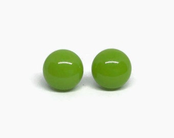 Apple green stud earrings, fused glass jewelry, unique gifts for her, sparkle studs, round minimalist earrings, hypoallergenic, presents