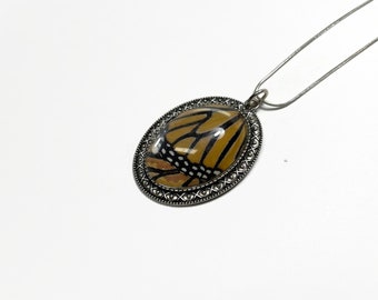 Monarch butterfly wing pendant, orange black necklace, real butterfly jewelry, best friend gifts, insect glass necklace, chain included