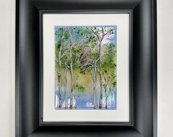 Iridescent birch tree owl art, fused glass nature panel, scenery picture, unique gifts for her, handmade 3D wall sculpture