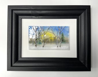 Birch tree fused glass art panel winter scenery picture, glass home decor, glass wall sculpture, three dimensional art