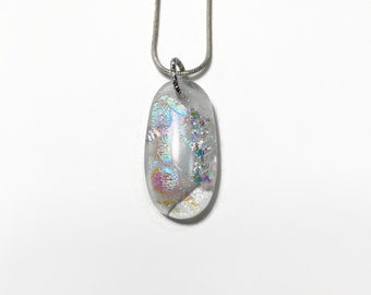 Glass white iridescent pendant, dichroic fused glass jewelry, statement gifts for her, chain included