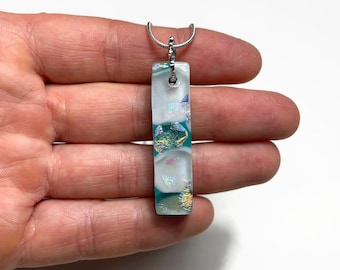 Iridescent green and white necklace fused glass pendant, dichroic glass jewelry, iridescent, chain included