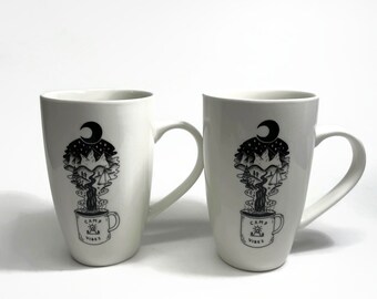 Camping coffee cup, black and white, tea mug, ceramic mug, set of two, camping home decor