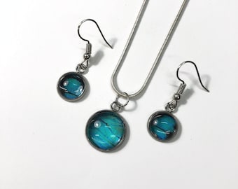 Teal butterfly wing pendant and earring set real butterfly jewelry gifts for mom glass necklace chain included