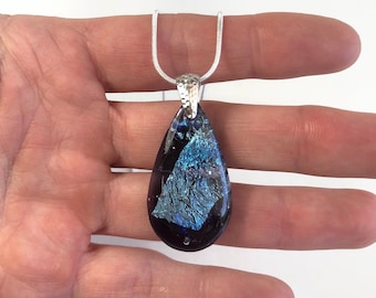 Fused glass pendant, blue purple dichroic glass necklace, unique gifts for mom, chain included