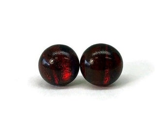 Red stud dichroic glass earrings, fused jewelry, round minimalist earrings, unique gifts for her, jewelry for mom, hypoallergenic