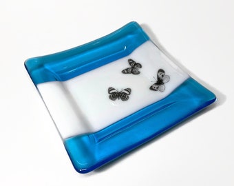 Blue butterfly fused glass plate, handmade serving dish, trinket tray, nature home decor, housewarming presents one of a kind