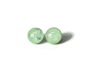 Green dichroic glass stud earrings, fused glass jewelry, gifts for mom, minimalist round studs, unique presents, hypoallergenic