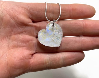 White iridescent heart pendant fused Dichroic glass jewelry unique friends gifts chain included handmade in canada