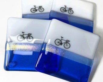 Blue fused glass coasters road bike drink rest unique gifts for him bike home decor set of 4 housewarming presents coffee table art