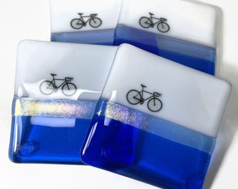 Fused glass coasters, road bike drink rest, unique gifts for him, bike home decor, set of 4, housewarming presents, coffee table art