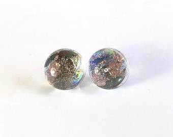 Iridescent dainty glass stud earrings, fused dichroic jewelry, minimalist studs, earrings for her, hypoallergenic 9mm presents