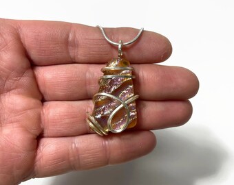 Amber gold dichroic glass pendant fused Glass Jewelry silver wrapped pendant gifts for mom chain included