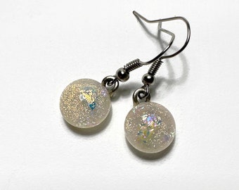 White iridescent dangle earrings, fused dichroic glass jewelry, sparkle round minimalist earrings, unique gifts, hypoallergenic, 11mm