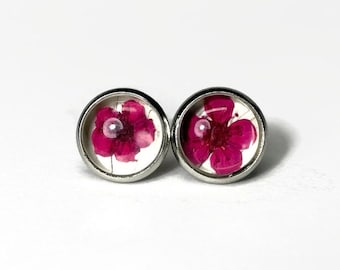 Pink white flower glass stud earrings, real butterfly wing jewelry, best friend gifts hypoallergenic, unique presents