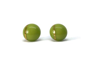 Green and gold glass earrings, fused glass jewelry, minimalist round studs, unique gifts for her, hypoallergenic